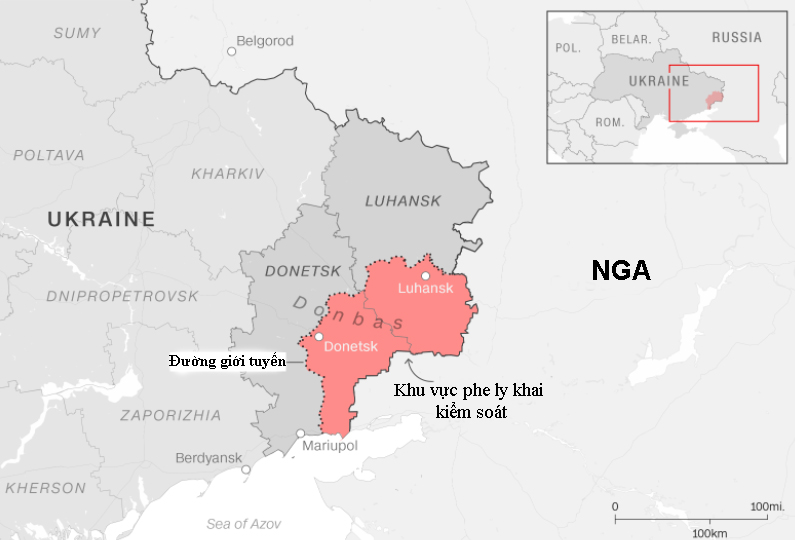 Khu vực phe ly khai kiểm soát ở miền đông Ukraine. Đồ họa: CNN.