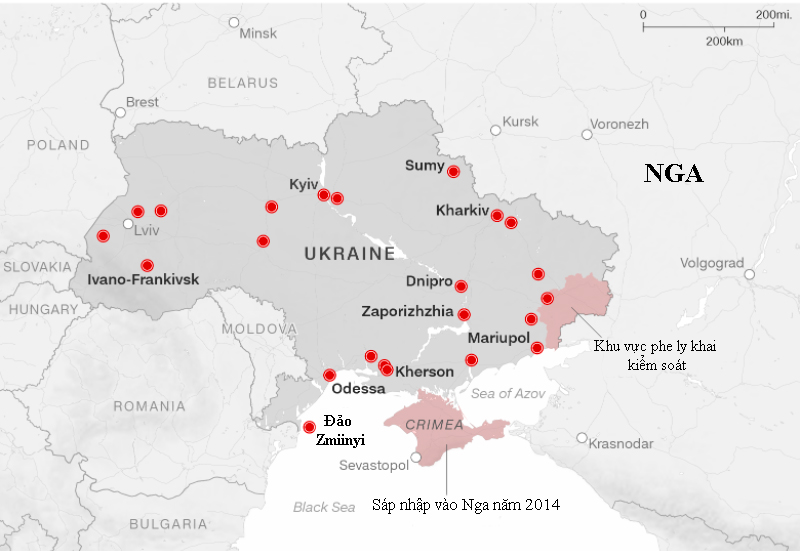 Vị trí các vụ nổ và tấn công được báo cáo tại Ukraine tính đến 15h45 ngày 25/2 (giờ địa phương). Đồ họa: CNN.