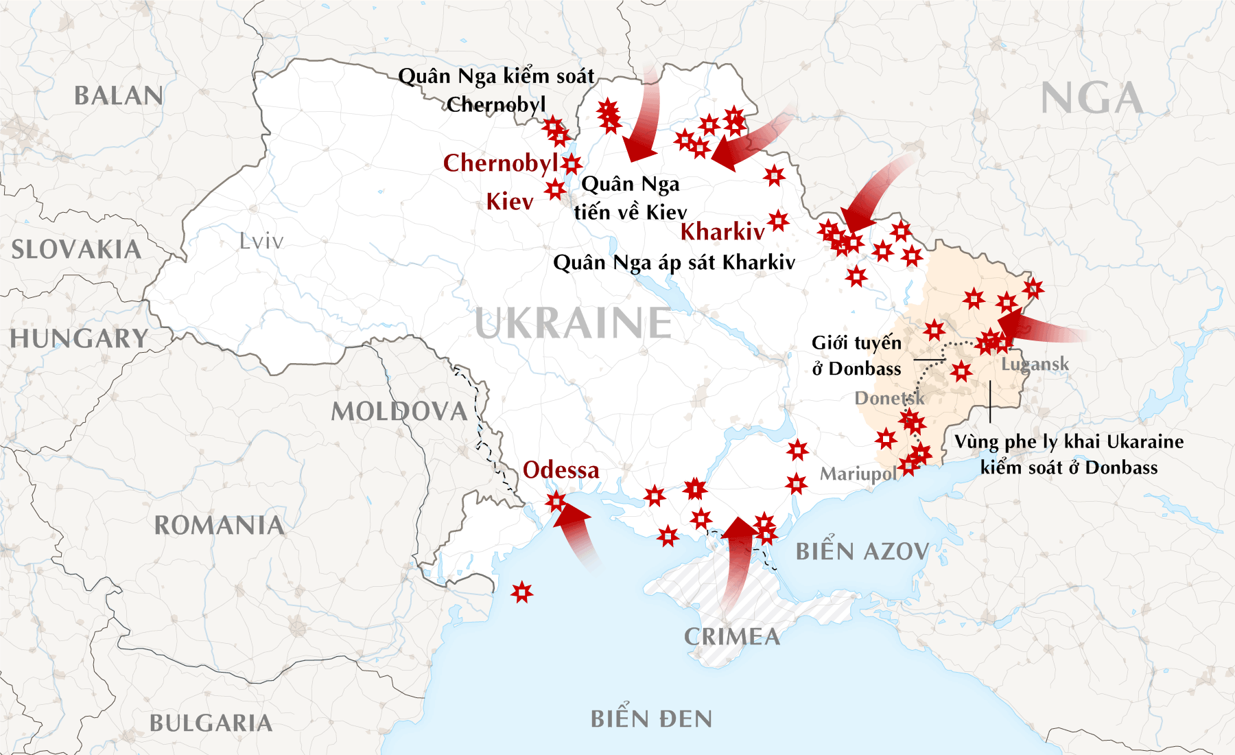 Các mũi quân Nga tiến vào Ukraine. Đồ họa: NY Times.