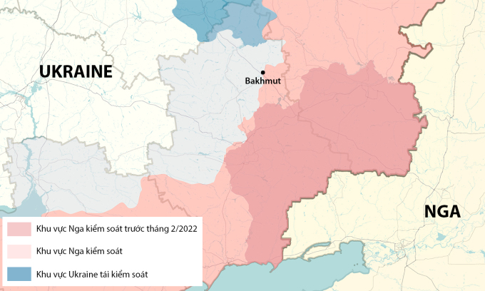 Vị trí thành phố Bakhmut, tỉnh Donetsk. Đồ họa: RYV.