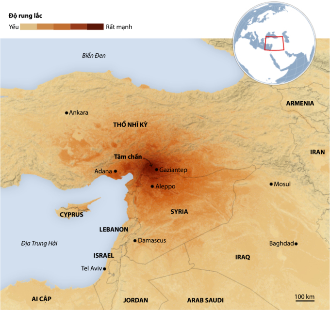 Vị trí tâm chấn động đất ở Thổ Nhĩ Kỳ sáng sớm 6/2. Đồ họa: Reuters