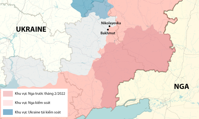 Vị trí khu dân cư Nikolayevka và thành phố Bakhmut. Đồ họa: RYV.