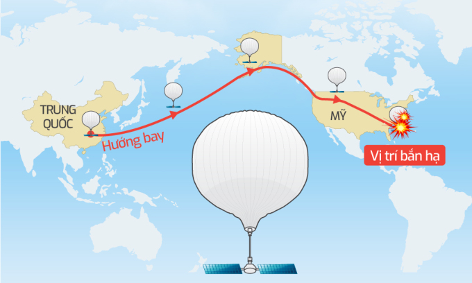 Hành trình của khí cầu Trung Quốc bay vào không phận Mỹ. Bấm vào ảnh để xem chi tiết. Đồ họa:Tạ Lư