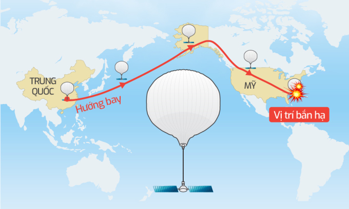 Hành trình của khí cầu Trung Quốc bay vào không phận Mỹ. Bấm vào để xem chi tiết.