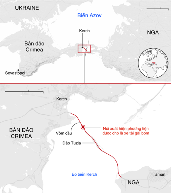 Vị trí vụ nổ ngày 8/10 trên cầu Crimea. Đồ họa: Guardian.