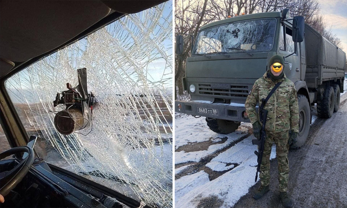 UAV tự sát Ukraine mắc kẹt trên kính buồng lái xe tải KamAZ-43114 của Nga trong ảnh công bố ngày 30/1. Ảnh: VK/Voyennyy Osvedomitel