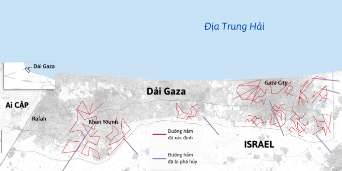 Hệ thống đường hầm đã bị phát hiện và phá hủy tại Dải Gaza. Đồ họa: WSJ
