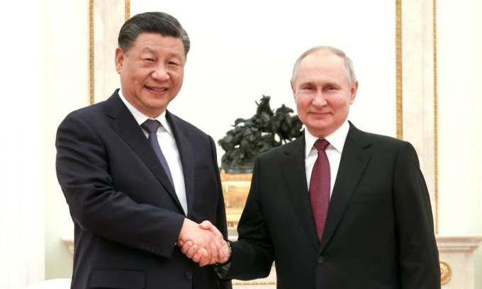 Chủ tịch Trung Quốc Tập Cận Bình (trái) và Tổng thống Nga Vladimir Putin tại Điện Kremlin tháng 3/2023. Ảnh: AFP
