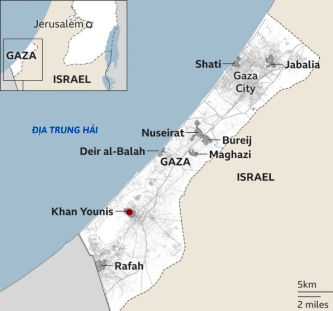 Vị trí các đô thị ở Dải Gaza. Đồ họa: BBC