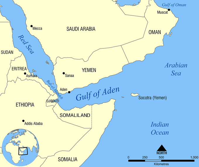 Vị trí eo biển Bab al-Mandab, còn gọi là Bab el-Mandeb, và Vịnh Aden. Đồ họa: Wikipedia