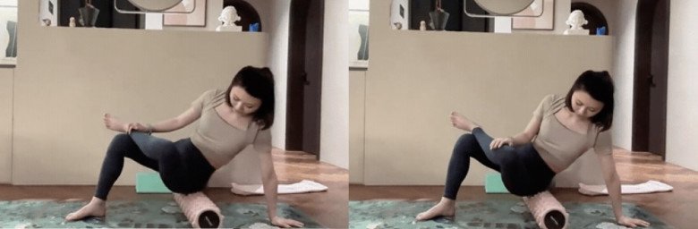 Đầu tiên, chị em hãy cuộn hông rồi tiến hành uốn cong đầu gối theo một góc 90 độ, sau đó đặt mắt cá chân lên đùi của chân kia, lăn qua lăn lại bên ngoài hông bằng con lăn yoga khoảng 15 lần rồi tiến hành tiếp ở bên còn lại. 