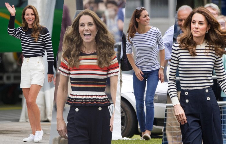 Công nương Kate Middleton chứng minh tình yêu của mình với hoạ tiết kẻ sọc thông qua những cách mix đồ cực kỳ đa dạng: lúc điệu đà với áo peplum màu sắc, lúc tối giản với áo thun thuỷ thủ và quần jeans xanh.