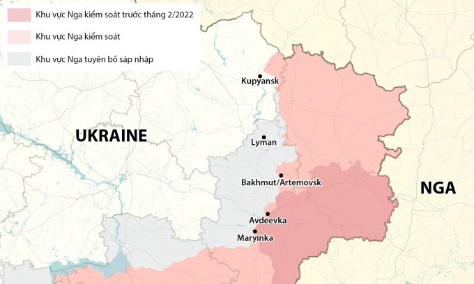 Các điểm nóng giao tranh tại vùng Donbass và tỉnh Kharkov. Đồ họa: RYV