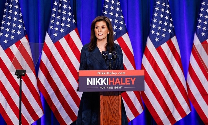 Nikki Haley, cựu đại sứ Mỹ tại Liên Hợp Quốc, phát biểu tại Greenville thuộc bang Nam Carolina vào ngày 20/2. Ảnh: AFP