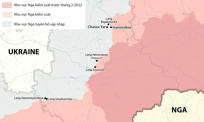 Vị trí làng Bogdanovka, Petrovskoye, Severnoe, Staromayorskoye, Urozhaynoye, thành phố Chasov Yar và thị trấn Ivanovskoe. Đồ họa: RYV