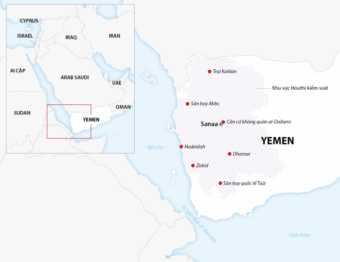 Khu vực lực lượng Houthi kiểm soát tại Yemen và các vùng biển lân cận. Đồ họa: AFP