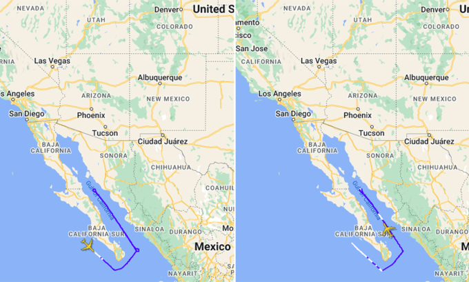 Đường bay của trinh sát cơ RC-135V Mỹ trên vịnh  California ngày 3 và 4/2. Đồ họa: Flight Radar 24