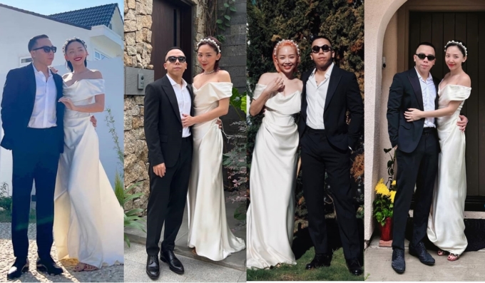 Khoảnh khắc Tóc Tiên - Touliver kỷ niệm ngày cưới từ năm 2021 đến 2024 (từ trái qua) hút sự chú ý của khán giả.