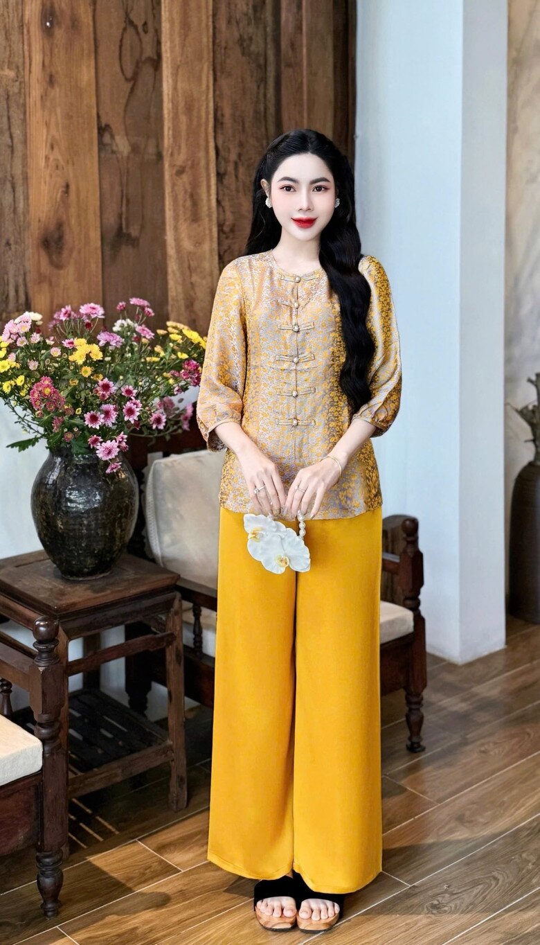 Áo bà ba gấm vàng họa tiết hoa cổ điển, dáng ngắn vừa phải, phối cùng quần ống rộng màu vàng đậm giúp ngày Tết chị em thêm tươi tắn. Cách phối đồng sắc tạo hiệu ứng kéo dài vóc dáng, đồng thời mang ý nghĩa may mắn, thịnh vượng ngày đầu năm. Phụ kiện cầm tay nhỏ nhắn giúp tổng thể thêm phần duyên dáng.