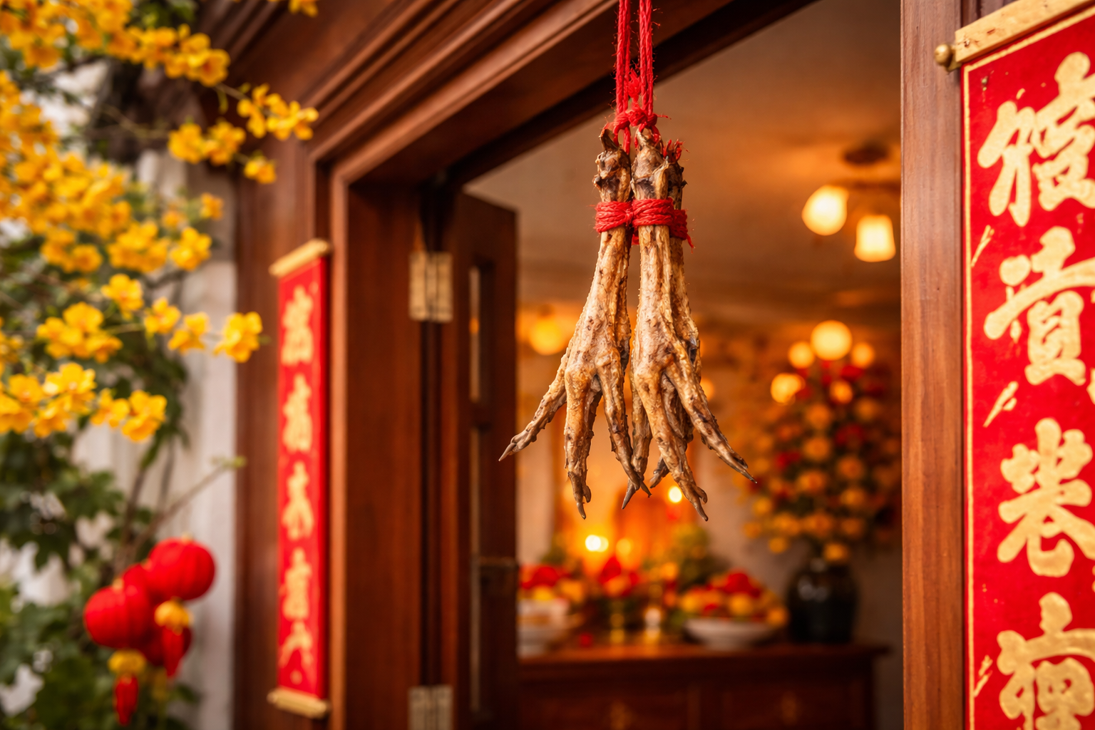 Tục treo chân gà trước cửa ngày Tết. Ảnh AI