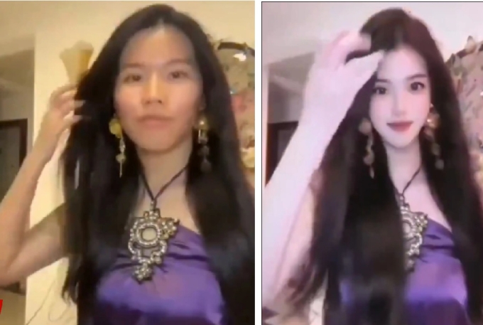 Khuôn mặt thật (trái) và mặt qua bộ lọc của streamer