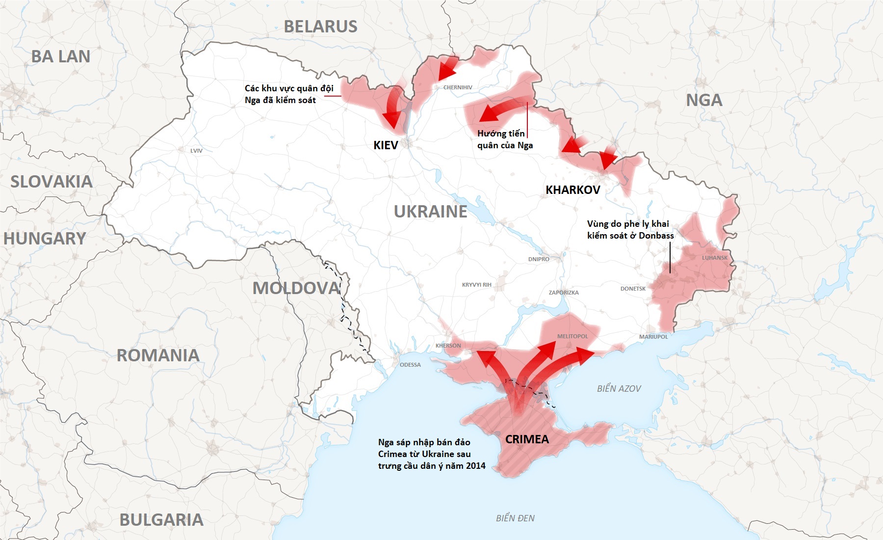 Các mũi Nga tiến quân vào Ukraine. Đồ họa: NY Times. Bấm vào hình để xem chi tiết.