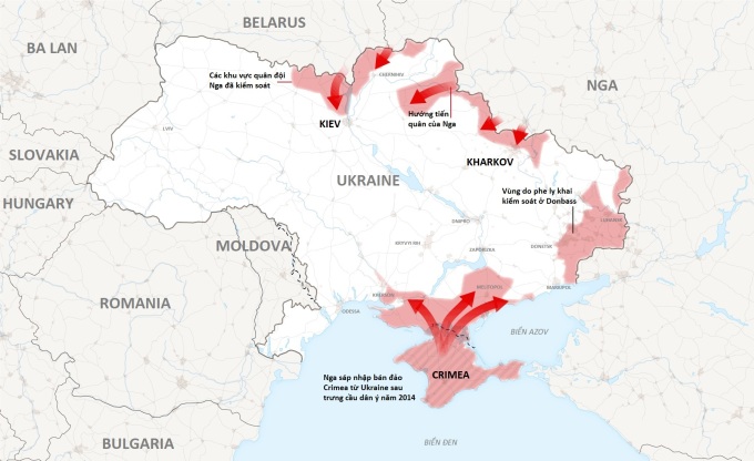 Các mũi quân Nga tiến vào Ukraine. Đồ họa: NY Times.