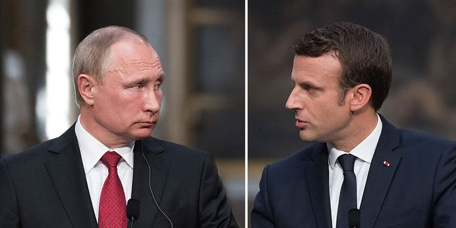 Tổng thống Nga Vladimir Putin (trái) và Tổng thống Pháp Emmanuel Macron. Ảnh: AFP.