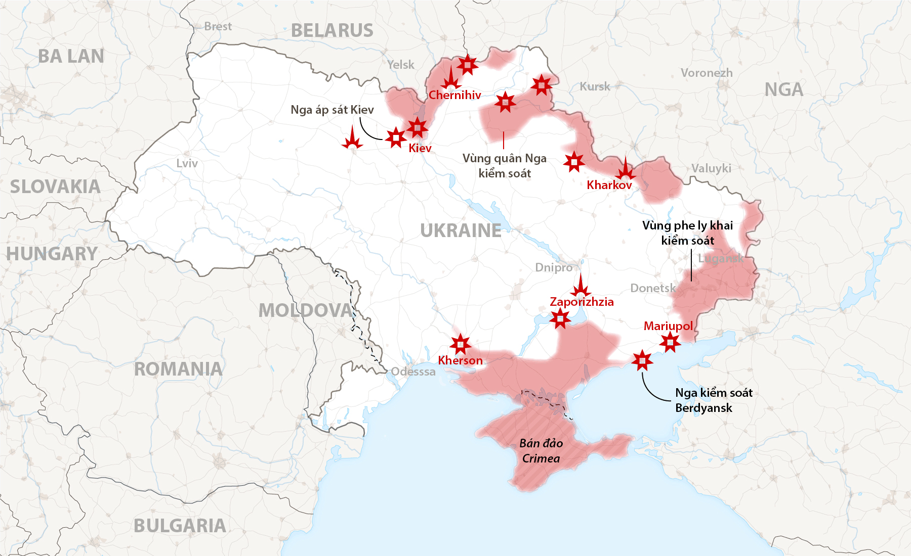 Các điểm giao tranh tại Ukraine. Đồ họa: NY Times. Bấm vào hình để xem chi tiết.