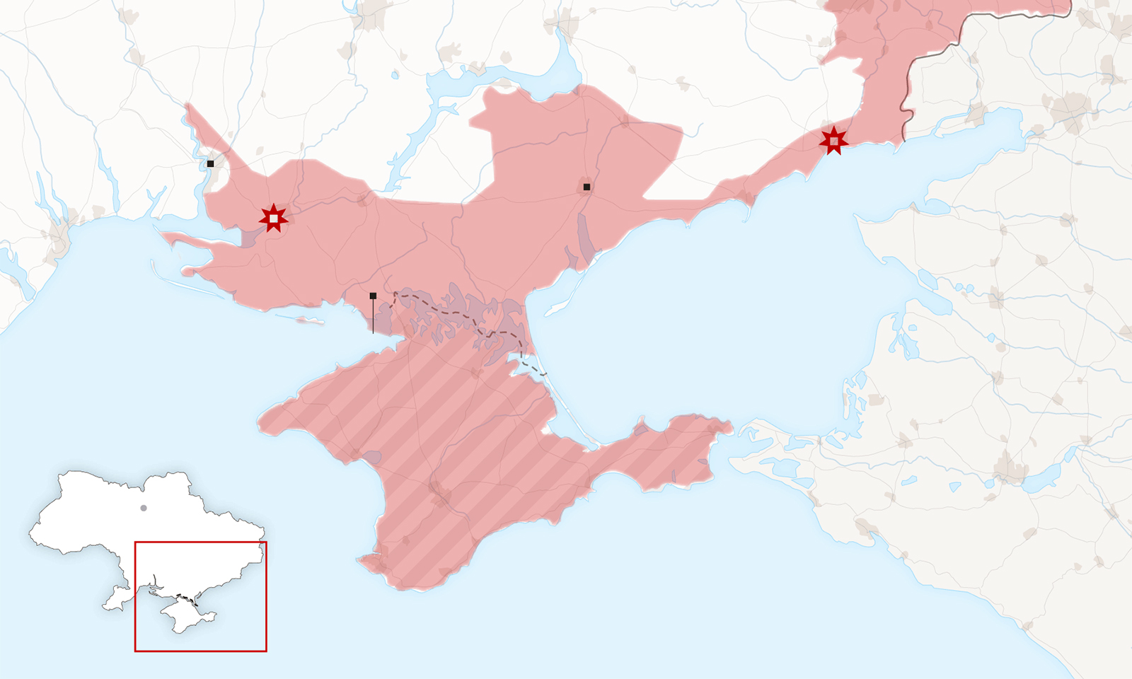 Những thành phố Nga kiểm soát ở miền nam Ukraine. Bấm để xem chi tiết.