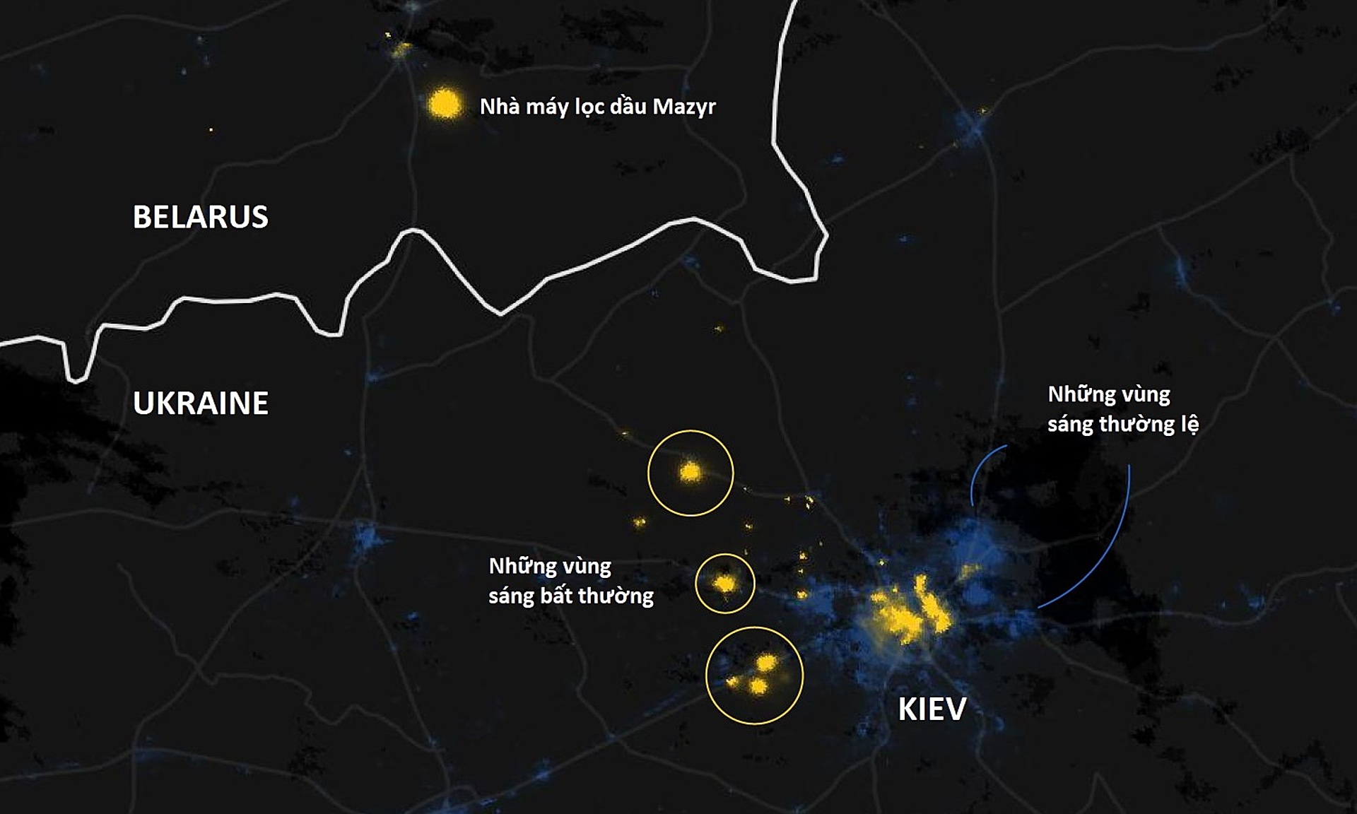 Ảnh chụp vệ tinh ngày 28/2 cho thấy ba vệ sáng lớn (khoanh tròn) xuất hiện ở phía bắc và phía tây Kiev có thể là đoàn xe quân sự Nga. Ảnh: NOAA JPSS VIIRS.