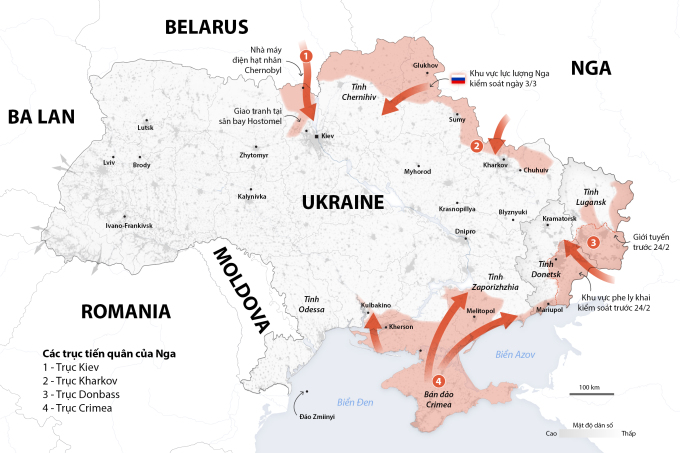 4 trục tiến quân của Nga tại Ukraine. Đồ họa: Reuters. Bấm vào hình để xem chi tiết.