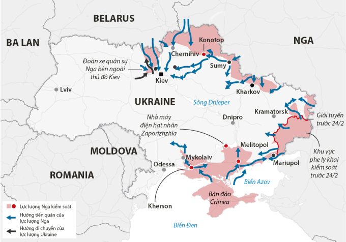 Các mũi tiến quân của Nga. Đồ họa: Guardian. Bấm vào hình để xem chi tiết.