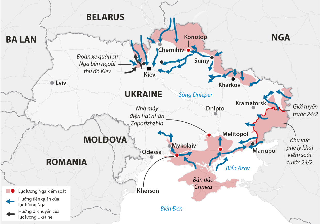 Hướng tiến quân của lực lượng Nga và Ukraine. Đồ họa: Guardian. Bấm vào hình để xem chi tiết.