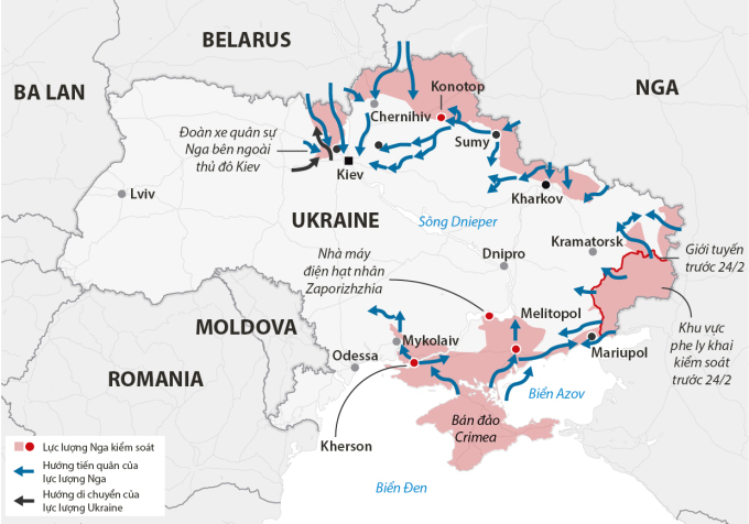 Hướng tiến quân của lực lượng Nga và Ukraine. Đồ họa: Guardian. Bấm vào hình để xem chi tiết