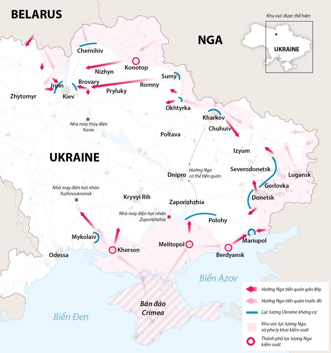 Các hướng tiến quân của Nga sau hai tuần chiến dịch quân sự tại Ukraine. Đồ họa: NY Times.