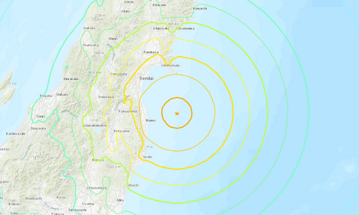 Vị trí tâm chấn động đất 7,3 độ ngoài khơi tỉnh Fukushima hôm nay. Đồ họa: USGS.
