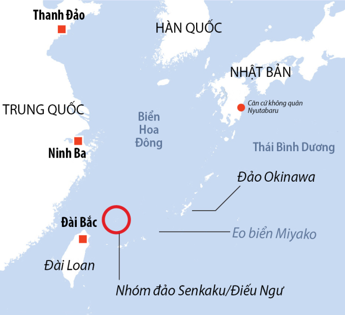 Vị trí nhóm đảo Senkaku/Điếu Ngư và căn cứ không quân Nyutabaru. Đồ họa: AFP.