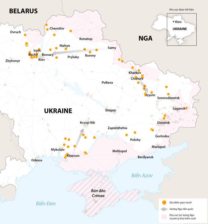 Vị trí giao tranh giữa lực lượng Nga và Ukraine. Đồ họa: NY Times.
