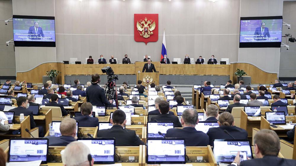 Ngoại trưởng Nga Sergey Lavrov trình bài trước Duma Quốc gia (Hạ viện Nga) tại Moskva ngày 26/1. Ảnh:AP.