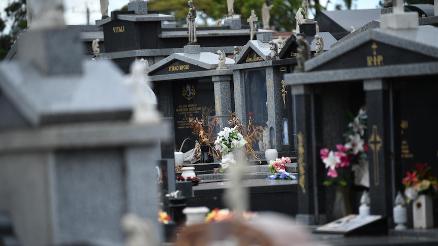 A row of mausoleums at a cemetery