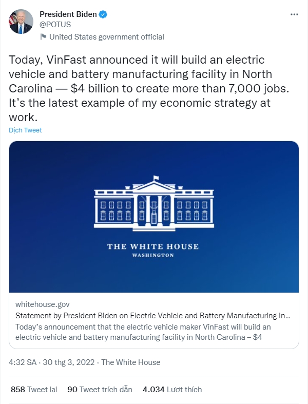 Tổng thống Joe Biden đích thân thông báo VinFast đổ 4 tỷ USD xây nhà máy ô tô điện tại Mỹ - Ảnh 1.