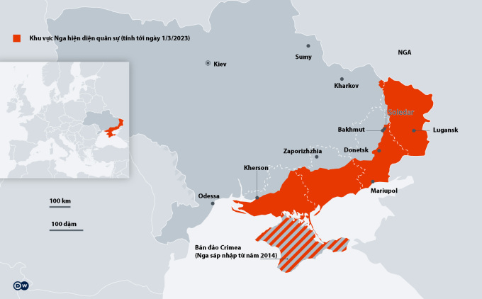 Cục diện chiến trường Ukraine tính tới ngày 1/3. Đồ họa: DW.