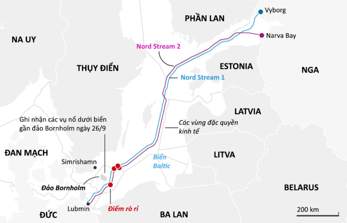 Vị trí rò rỉ sau các vụ nổ trên đường ống Nord Stream 1 và Nord Stream 2. Đồ họa: Guardian.