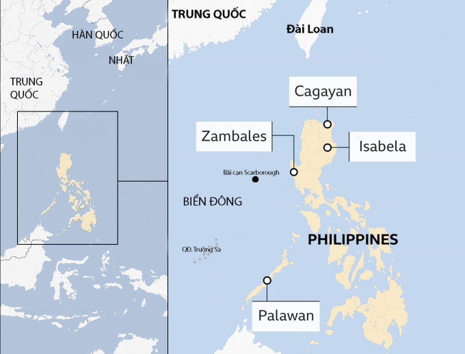 Các vị trí Mỹ có thể đặt căn cứ mới ở Philippines. Đồ họa:Lực lượng vũ trang Philippines.