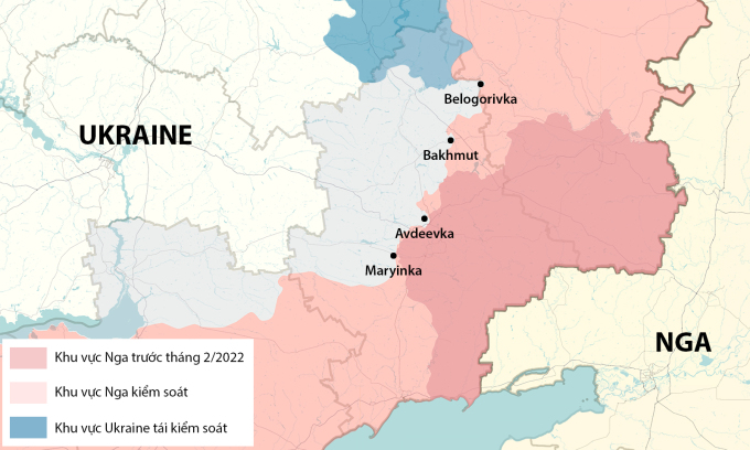 Vị trí Belogorivka, Maryinka, Avdeevka và Bakhmut. Đồ họa: RYV.