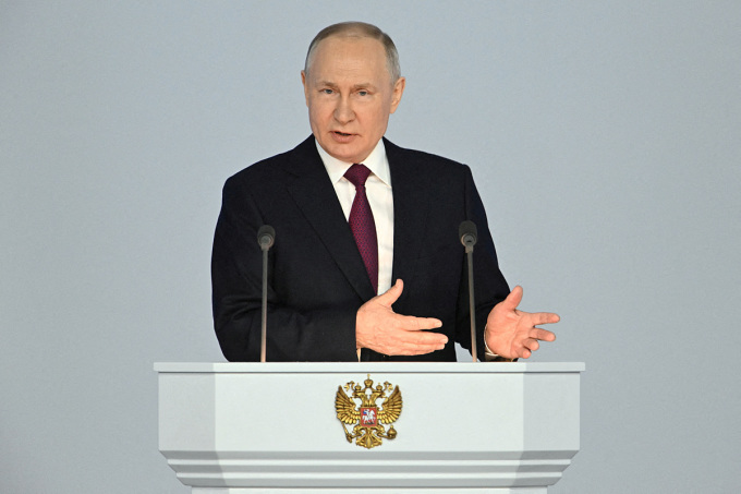 Tổng thống Nga Putin trong buổi đọc Thông điệp Liên bang ngày 21/2. Ảnh: Reuters.
