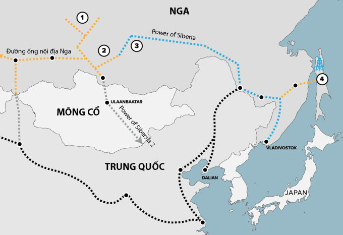 Hệ thống đường ống Power of Siberia và Power of Siberia 2 (dự kiến) chuyển khí đốt từ Nga tới Trung Quốc. Đồ họa: CNBC