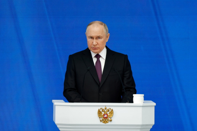 Tổng thống Nga Vladimir Putin đọc Thông điệp Liên bang tại Moskva ngày 29/2. Ảnh: Reuters