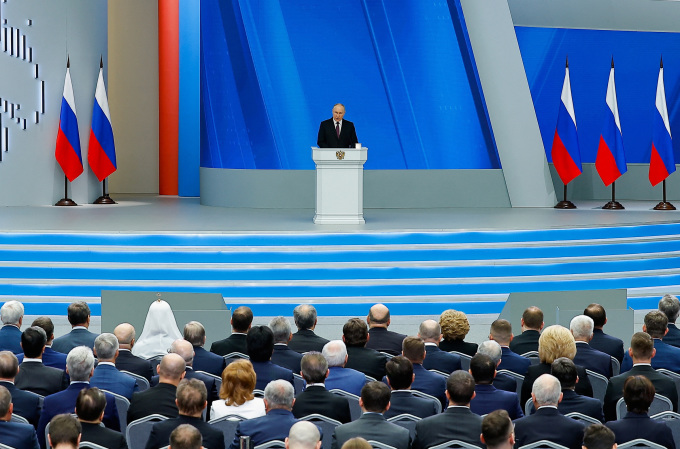 Tổng thống Nga Vladimir Putin phát biểu trước các khán giả tại Moskva ngày 29/2. Ảnh: Reuters